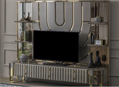 TV Ständer RTV Lowboard Sideboard Wohnzimmer Gold Grau Luxus Holz Neu